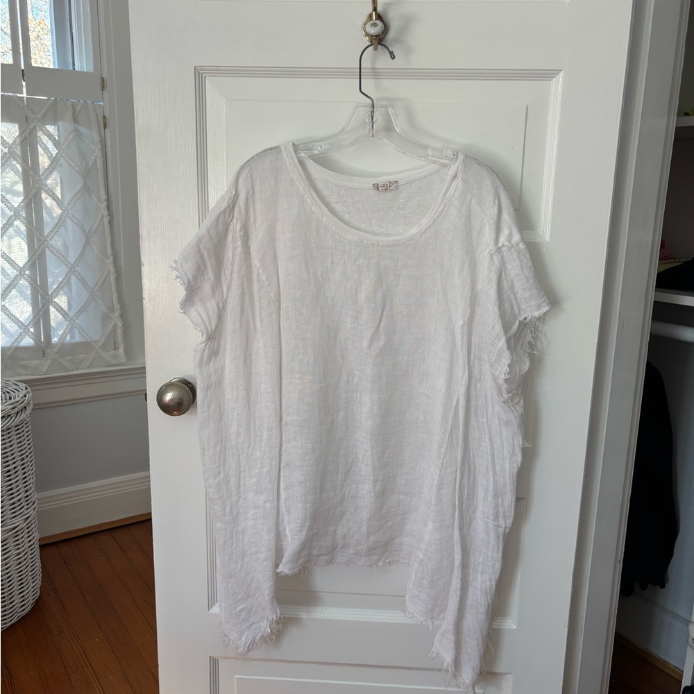 Suzy D London White Linen Frayed Edge Oversized Shortsleeve Tunic  Women’s M/L